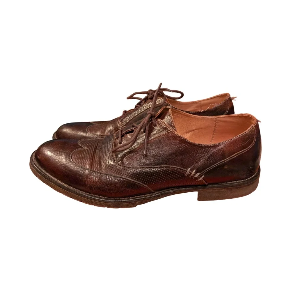Bed Stu Mens Brown Distressed Leather Wingtip Oxford Shoes‎ Lug Sole Size 10